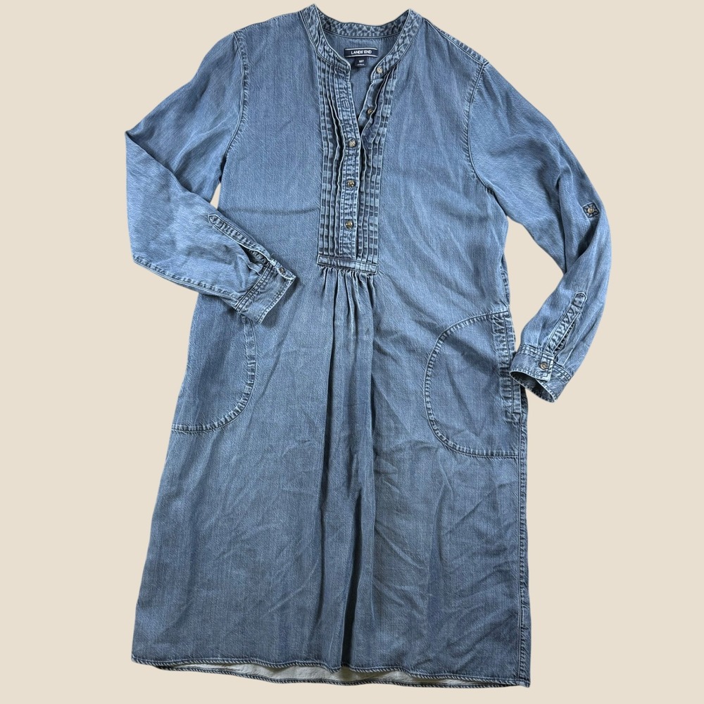 Lands End Shirt Dress Women 18T Blue Denim Lyocell Pintuck Pleated Bib Dress